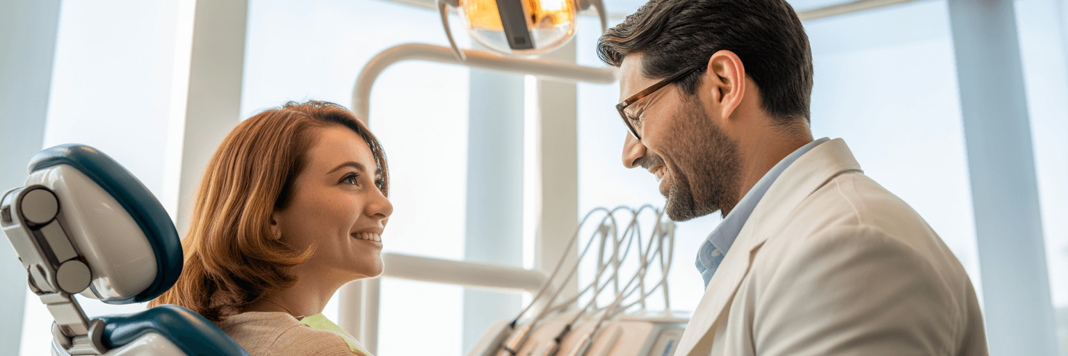 Patient and dentist having a calm discussion.