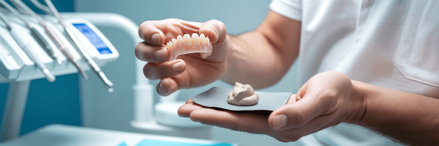 Dentist comparing a dental crown and filling.