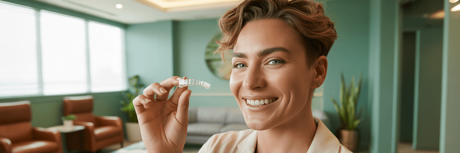 Person holding a clear dental aligner