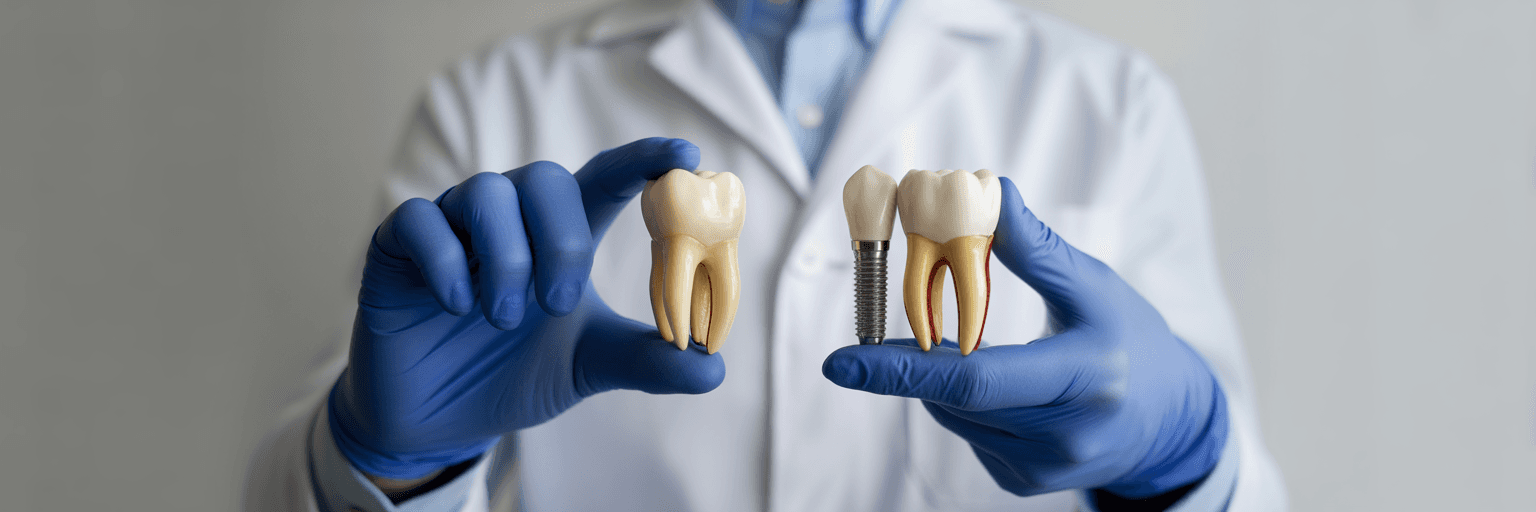 Hands comparing natural tooth and dental implant.