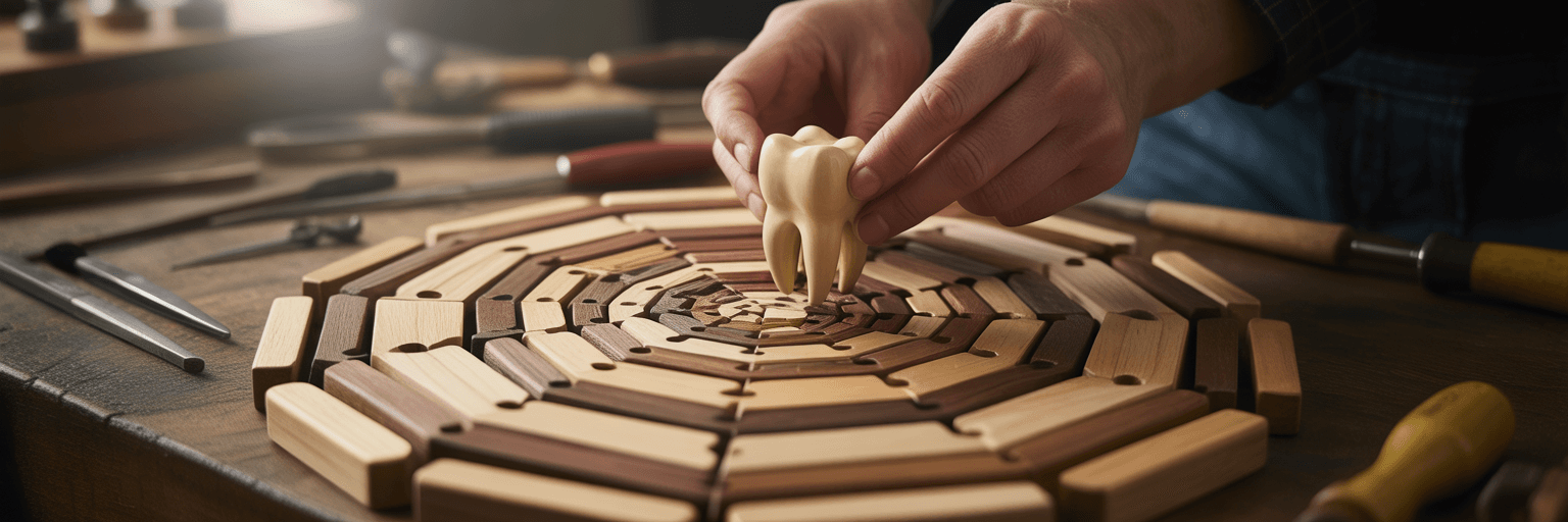 Hands assembling intricate wooden puzzle piece