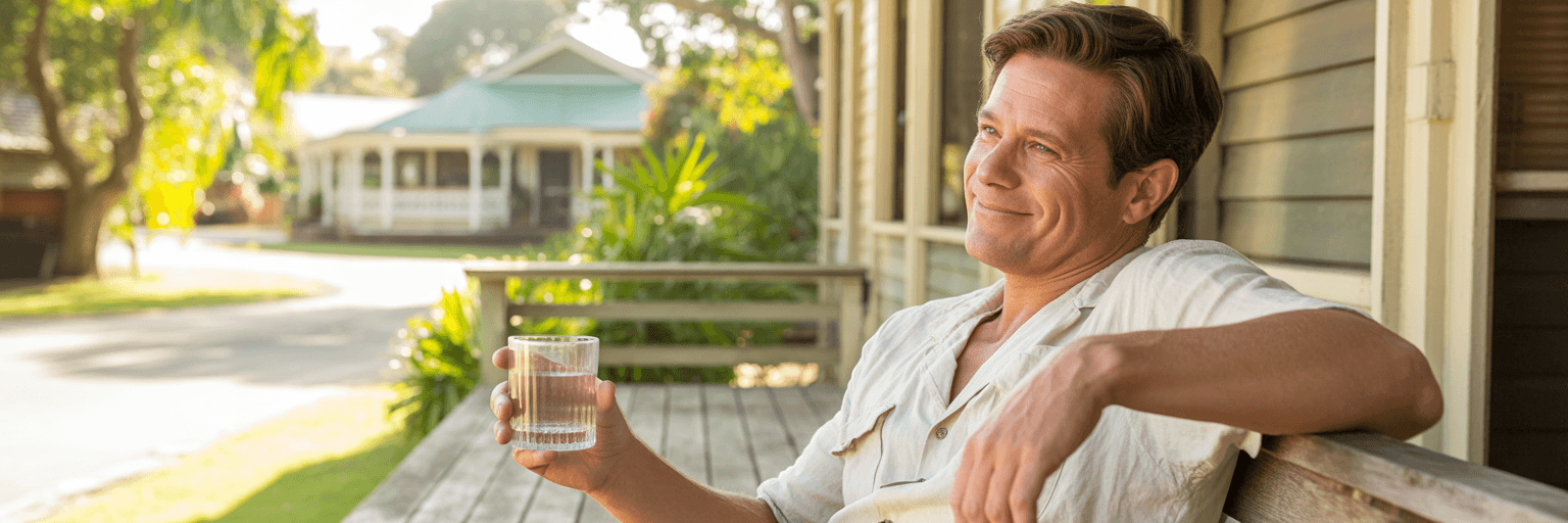 Man smiling comfortably on Brisbane deck.